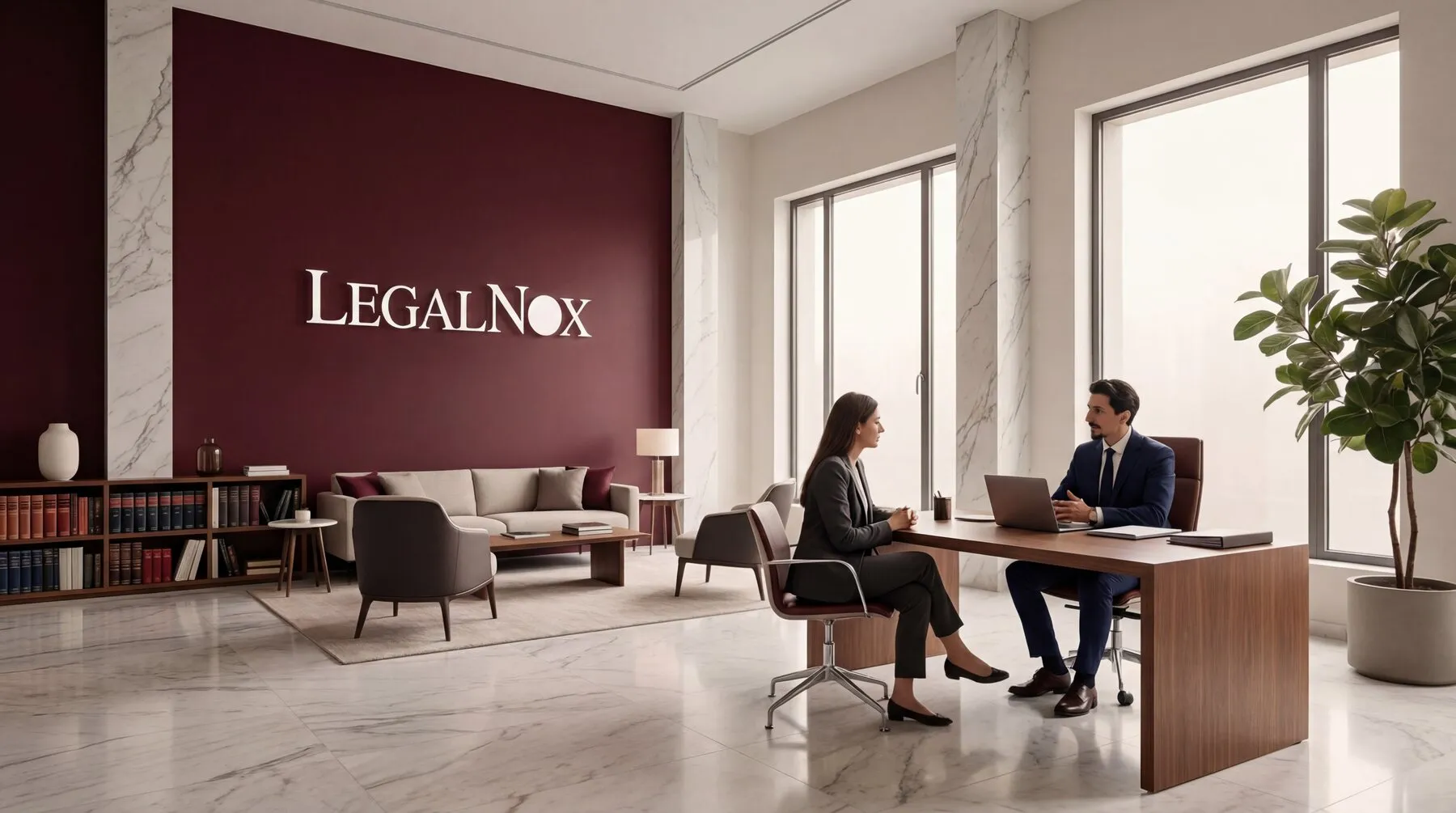 Recepción del despacho LegalNox, con la marca sobre una pared en tono burdeos.